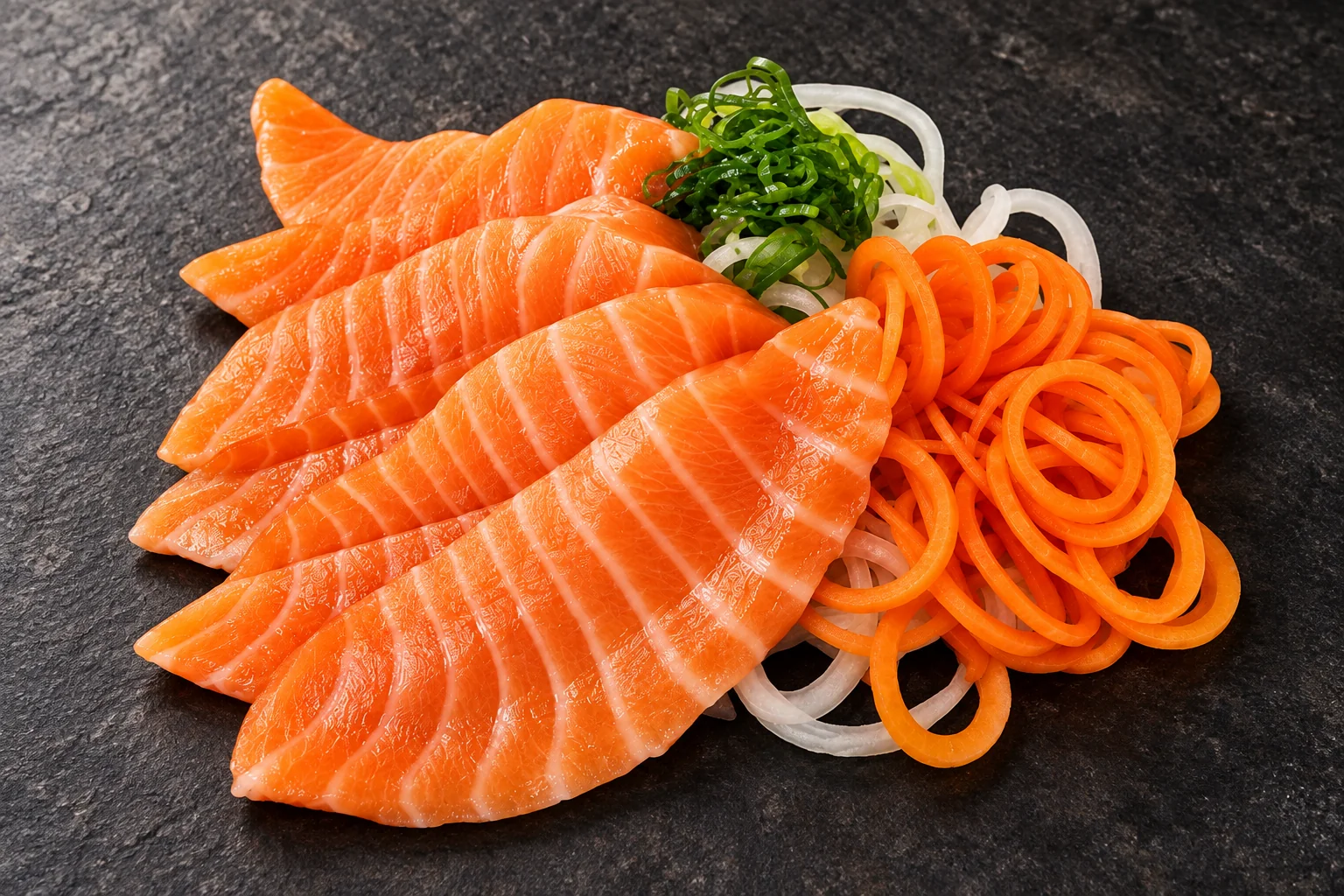 Salmon sashimi against a dark background