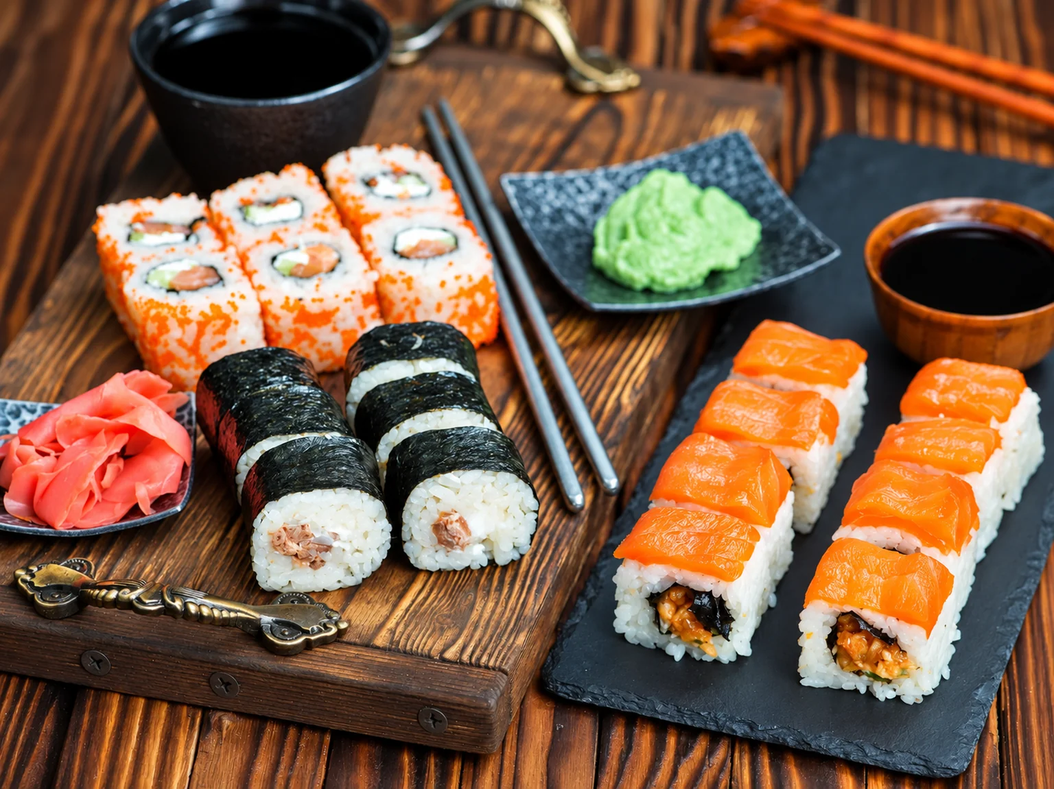 Sushi on a wooden board · illustration